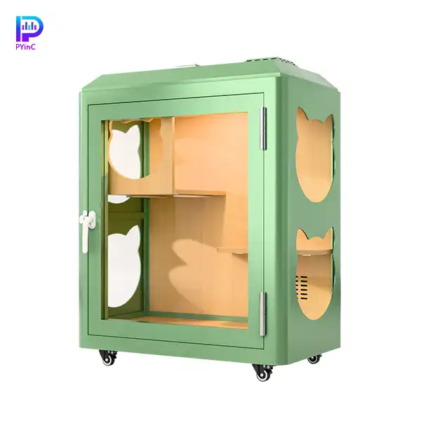 PYinC soundproof pet pod for cats and parrots in green, featuring three glass panels and right-opening door.