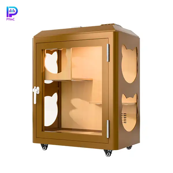 PYinC soundproof pet pod for cats and parrots in tan, featuring three glass panels and right-opening door.