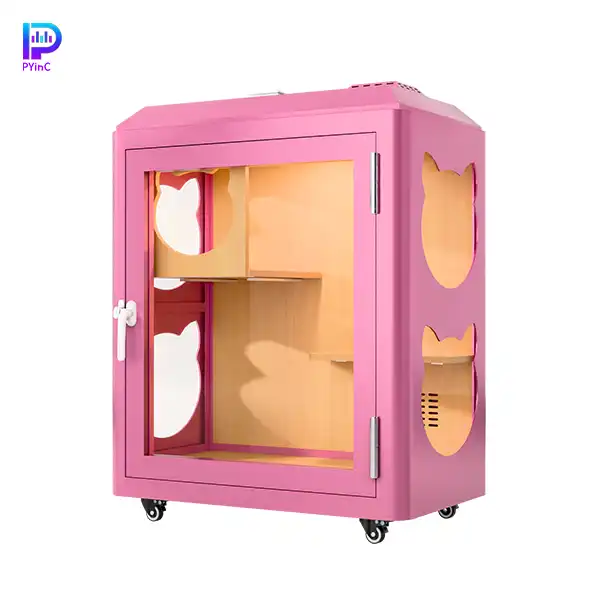 PYinC soundproof pet pod for cats and parrots in pink, featuring three glass panels and right-opening door.