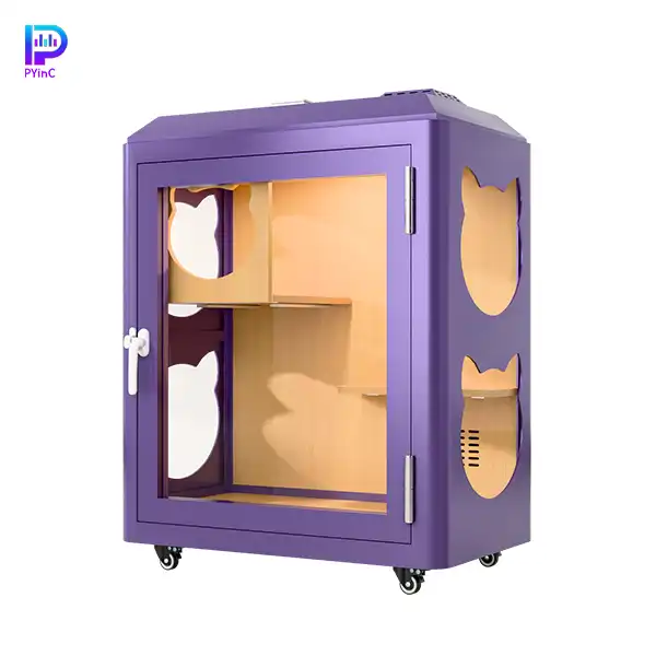 PYinC soundproof pet pod for cats and parrots in purple, featuring three glass panels and right-opening door.