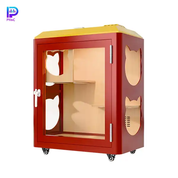 PYinC soundproof pet pod for cats and parrots in red and yellow, featuring three glass panels and right-opening door.