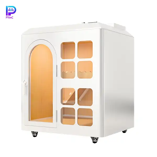 PYinC small dog soundproof pet pod in white, featuring front glass panel and right-opening door.