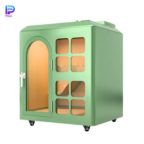 PYinC small dog soundproof pet pod in green, featuring front glass panel and right-opening door.