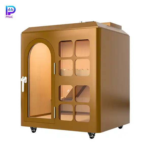 PYinC small dog soundproof pet pod in tan, featuring front glass panel and right-opening door.