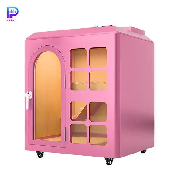 PYinC small dog soundproof pet pod in pink, featuring front glass panel and right-opening door.