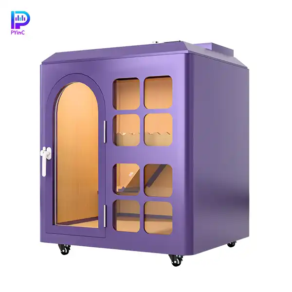 PYinC small dog soundproof pet pod in purple, featuring front glass panel and right-opening door.