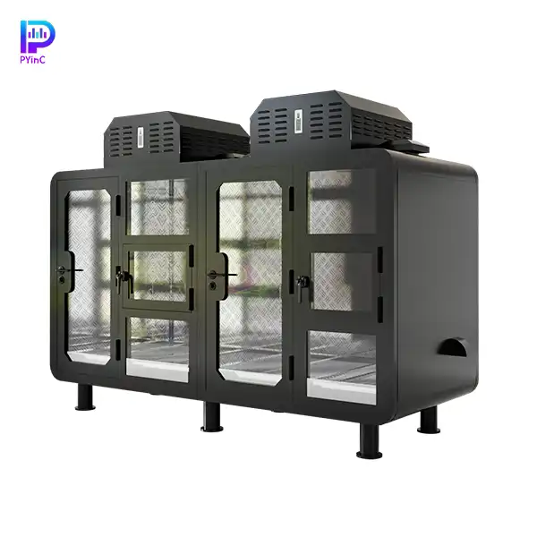 PYinC outdoor soundproof pet pod for 1-2 large dogs with air conditioning, black panels, front glass, right-opening door and small window.