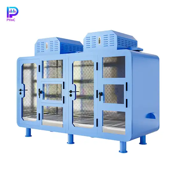 PYinC outdoor soundproof pet pod for 1-2 large dogs with air conditioning, blue panels, front glass, right-opening door and small window.