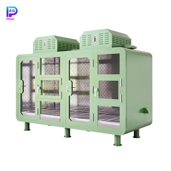 PYinC outdoor soundproof pet pod for 1-2 large dogs with air conditioning, green panels, front glass, right-opening door and small window.