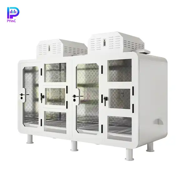 PYinC outdoor soundproof pet pod for 1-2 large dogs with air conditioning,white panels, front glass, right-opening door and small window.