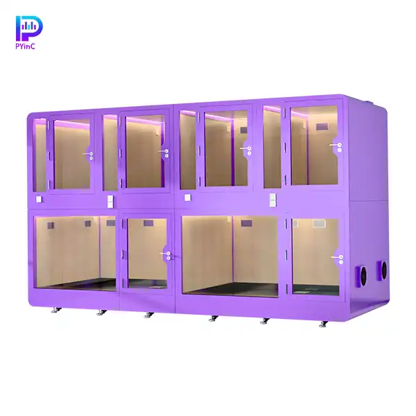PYinC large outdoor soundproof pet pod for 1-6 large dogs, featuring purple finish, front glass panel, and left-opening door.