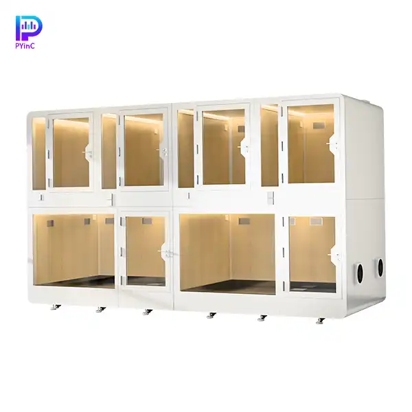 PYinC large outdoor soundproof pet pod for 1-6 large dogs, featuring white finish, front glass panel, and left-opening door.
