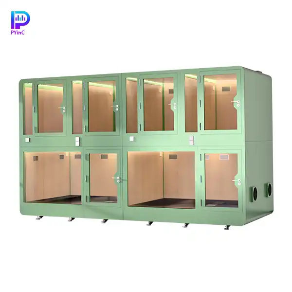 PYinC large outdoor soundproof pet pod for 1-6 large dogs, featuring white finish, front glass panel, and left-opening door.