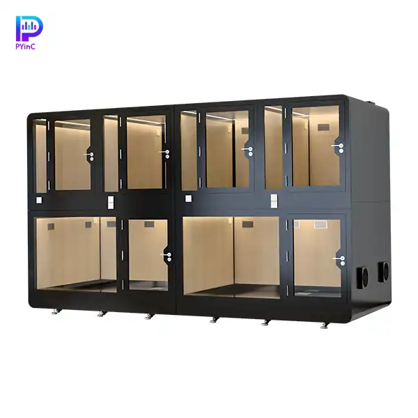 PYinC large outdoor soundproof pet pod for 1-6 large dogs, featuring black finish, front glass panel, and left-opening door.