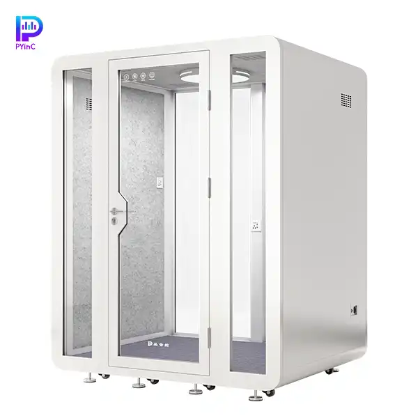 PYinC 1-4 person soundproof pod in white, with front and rear glass panels and a right-opening door, displayed on a white background. Dimensions: 1800×1500×2300mm.