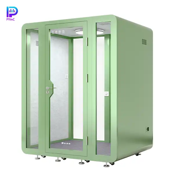 PYinC 1-4 person soundproof pod in green, with front and rear glass panels and a right-opening door, displayed on a white background. Dimensions: 1800×1500×2300mm.
