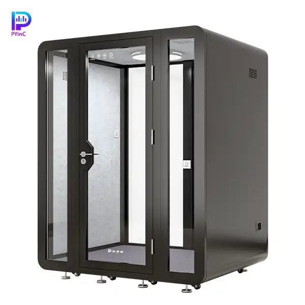 PYinC 1-4 person soundproof pod in black, with front and rear glass panels and a right-opening door, displayed on a white background. Dimensions: 1800×1500×2300mm.