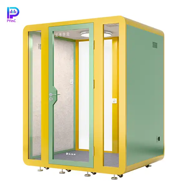 PYinC 1-4 person soundproof pod in green and yellow, with front and rear glass panels and a right-opening door, displayed on a white background. Dimensions: 1800×1500×2300mm.