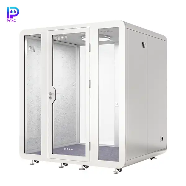 PYinC 1-4 person soundproof pod in white, with front and rear glass panels and a right-opening door, displayed on a white background. Dimensions: 2000×1800×2300mm.