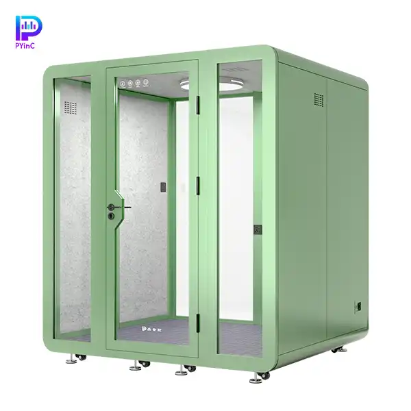 PYinC 1-4 person soundproof pod in green, with front and rear glass panels and a right-opening door, displayed on a white background. Dimensions: 2000×1800×2300mm.