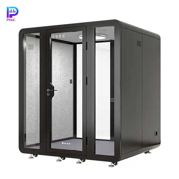 PYinC 1-4 person soundproof pod in black, with front and rear glass panels and a right-opening door, displayed on a white background. Dimensions: 2000×1800×2300mm.