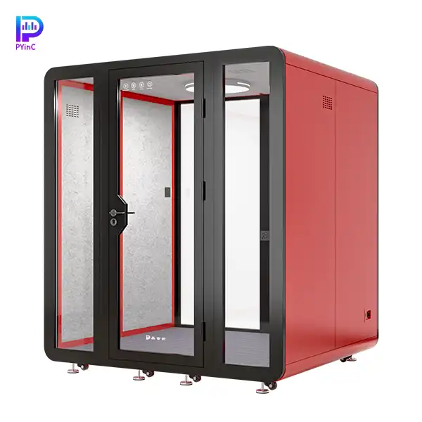 PYinC 1-4 person soundproof pod in red and black, with front and rear glass panels and a right-opening door, displayed on a white background. Dimensions: 2000×1800×2300mm