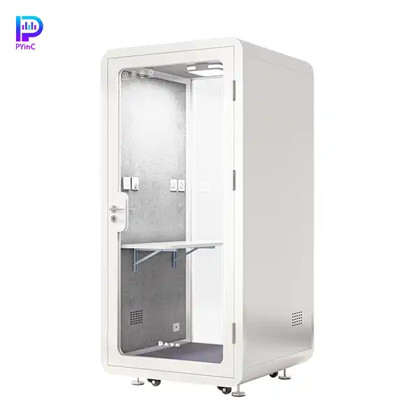 PYinC single-person white soundproof booth with front and rear glass, isolated on white background. Dimensions: 1100×1100×2300mm.