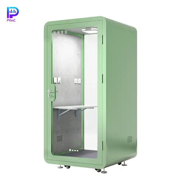 PYinC single-person green soundproof booth with front and rear glass, isolated on white background. Dimensions: 1100×1100×2300mm.