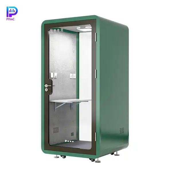 PYinC single-person green and black soundproof booth with front and rear glass, isolated on white background. Dimensions: 1100×1100×2300mm