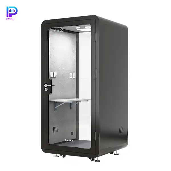 PYinC single-person black soundproof booth with front and rear glass, isolated on white background. Dimensions: 1100×1100×2300mm.