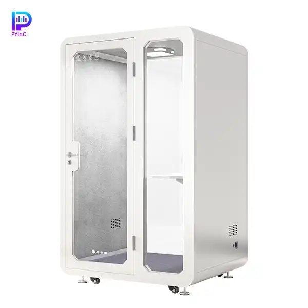 PYinC single-person soundproof pod in white, with front and rear glass panels and a right-opening door, displayed on a white background. Dimensions: 1400×1200×2300mm.