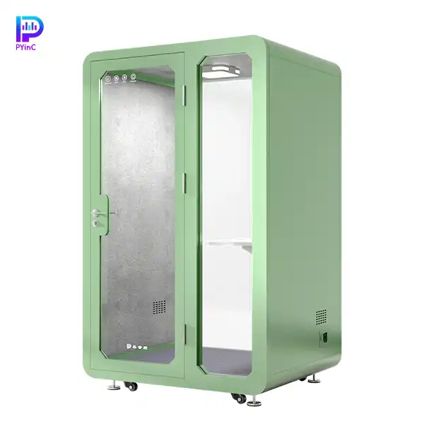 PYinC single-person soundproof pod in green, with front and rear glass panels and a right-opening door, displayed on a white background. Dimensions: 1400×1200×2300mm.