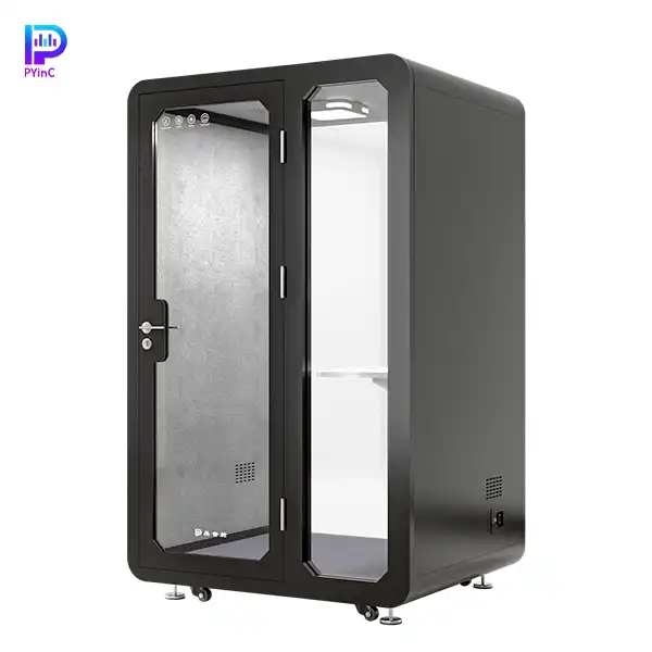 PYinC single-person soundproof pod in black, with front and rear glass panels and a right-opening door, displayed on a white background. Dimensions: 1400×1200×2300mm.
