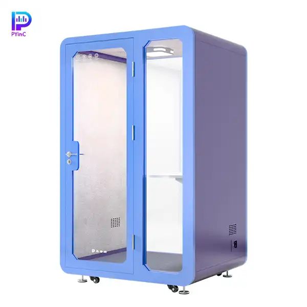 PYinC single-person soundproof pod in blue and purple, with front and rear glass panels and a right-opening door, displayed on a white background. Dimensions: 1400×1200×2300mm.