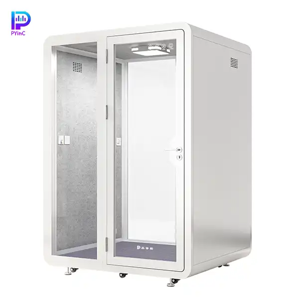 PYinC 1-2 person soundproof pod in white, with front and rear glass panels and a left-opening door, displayed on a white background. Dimensions: 1600×1400×2300mm.