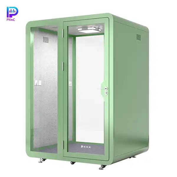 PYinC 1-2 person soundproof pod in green, with front and rear glass panels and a left-opening door, displayed on a white background. Dimensions: 1600×1400×2300mm.