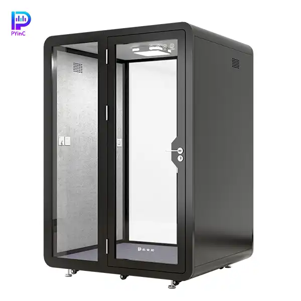 PYinC 1-2 person soundproof pod in black, with front and rear glass panels and a left-opening door, displayed on a white background. Dimensions: 1600×1400×2300mm.