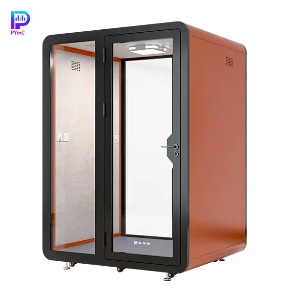 PYinC 1-2 person soundproof pod in black and red, with front and rear glass panels and a left-opening door, displayed on a white background. Dimensions: 1600×1400×2300mm.