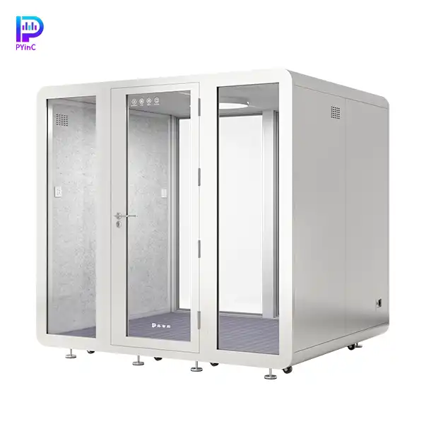 PYinC 1-6 person soundproof pod in white, with front and rear glass panels and a right-opening door, displayed on a white background. Dimensions: 2300×2000×2200mm.