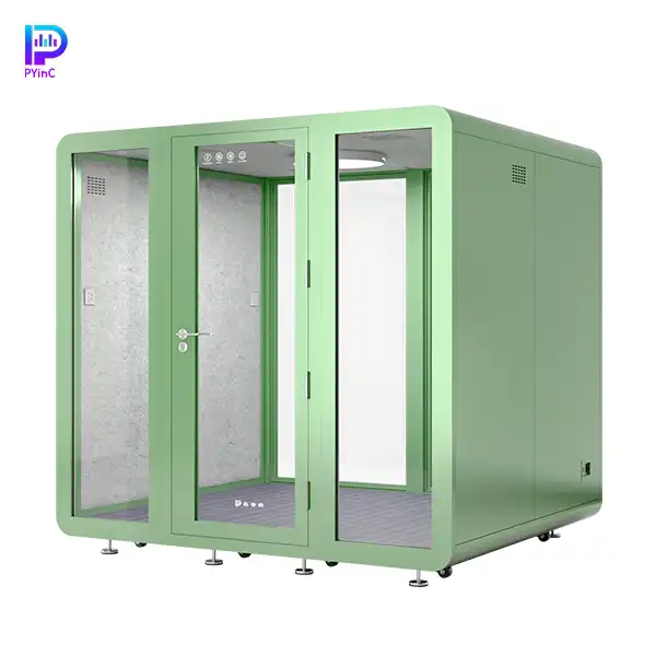 PYinC 1-6 person soundproof pod in green, with front and rear glass panels and a right-opening door, displayed on a white background. Dimensions: 2300×2000×2200mm.