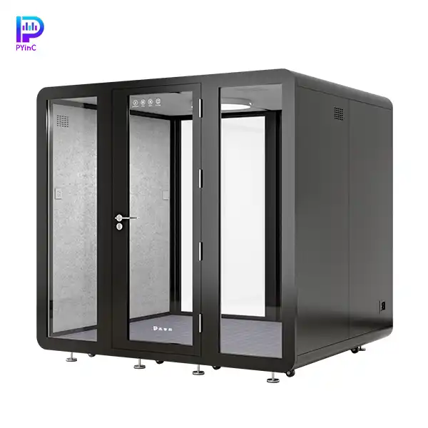 PYinC 1-6 person soundproof pod in black, with front and rear glass panels and a right-opening door, displayed on a white background. Dimensions: 2300×2000×2200mm.