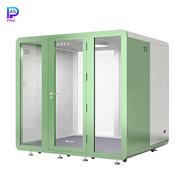 PYinC 1-6 person soundproof pod in green and white, with front and rear glass panels and a right-opening door, displayed on a white background. Dimensions: 2300×2000×2200mm.