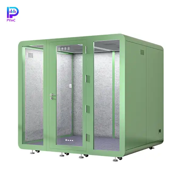 PYinC soundproof sleep pod for 1-2 people, green finish, front glass panel, and right-opening door.