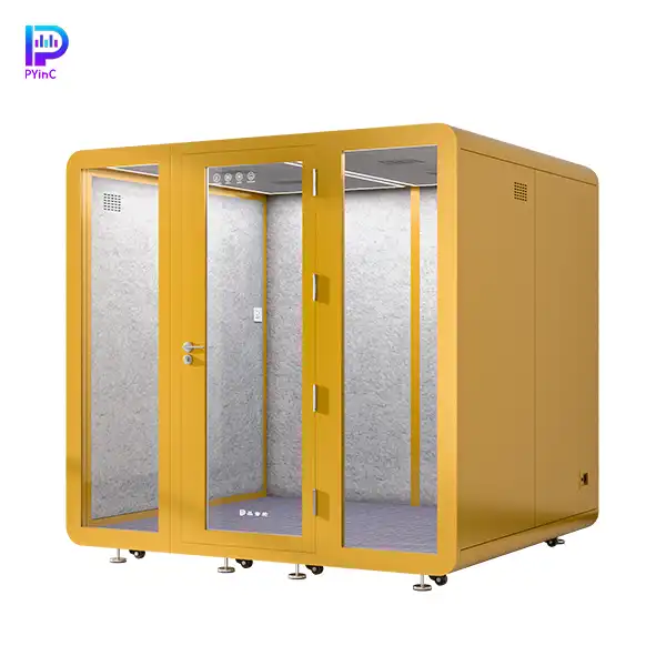 PYinC soundproof sleep pod for 1-2 people, earth yellow finish, front glass panel, and right-opening door.