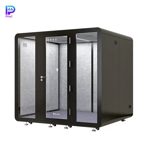 PYinC soundproof sleep pod for 1-2 people, black finish, front glass panel, and right-opening door.