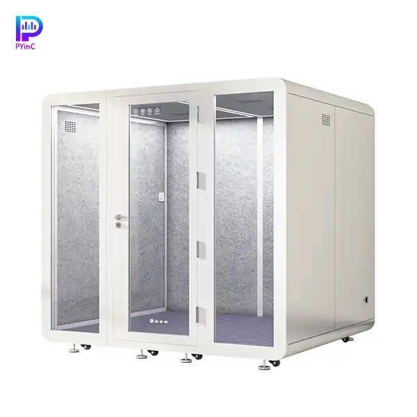 PYinC soundproof sleep pod for 1-2 people, white finish, front glass panel, and right-opening door.