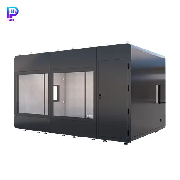 PYinC large outdoor soundproof pod in black, featuring front glass panel, side windows, and right-opening door.