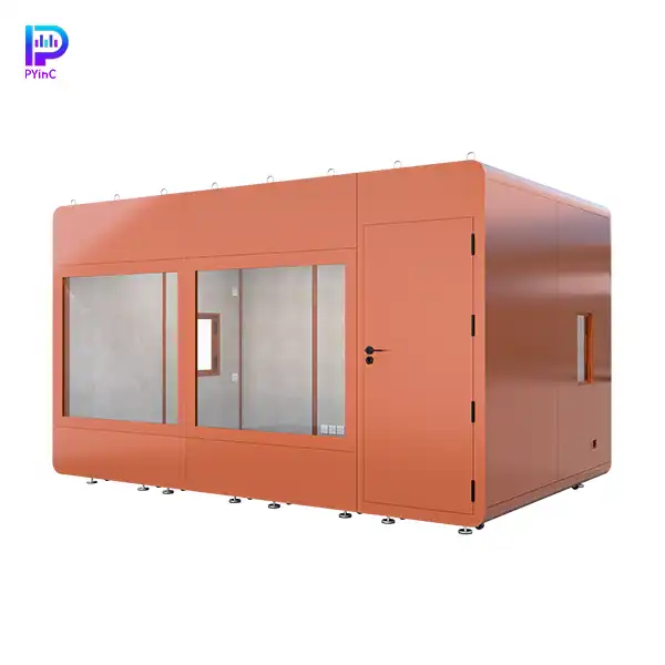 PYinC large outdoor soundproof pod in orange, featuring front glass panel, side windows, and right-opening door.