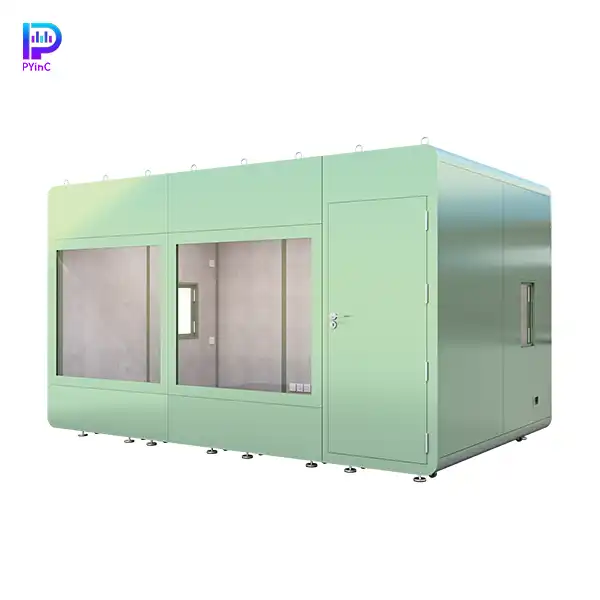 PYinC large outdoor soundproof pod in green, featuring front glass panel, side windows, and right-opening door.
