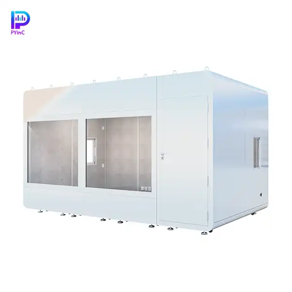 PYinC large outdoor soundproof pod in white, featuring front glass panel, side windows, and right-opening door.